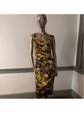 London Times Yellow and Black Floral Midi Dress Size 12